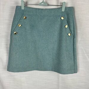 LOFT Teal A-Line Mini Skirt 50% Wool Blend with Gold Button Accents